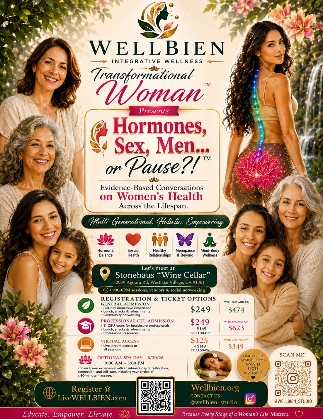 Transformational Woman™ presents Hormones, Sex, Men… or Pause?! — event flyer with registration and ticket details